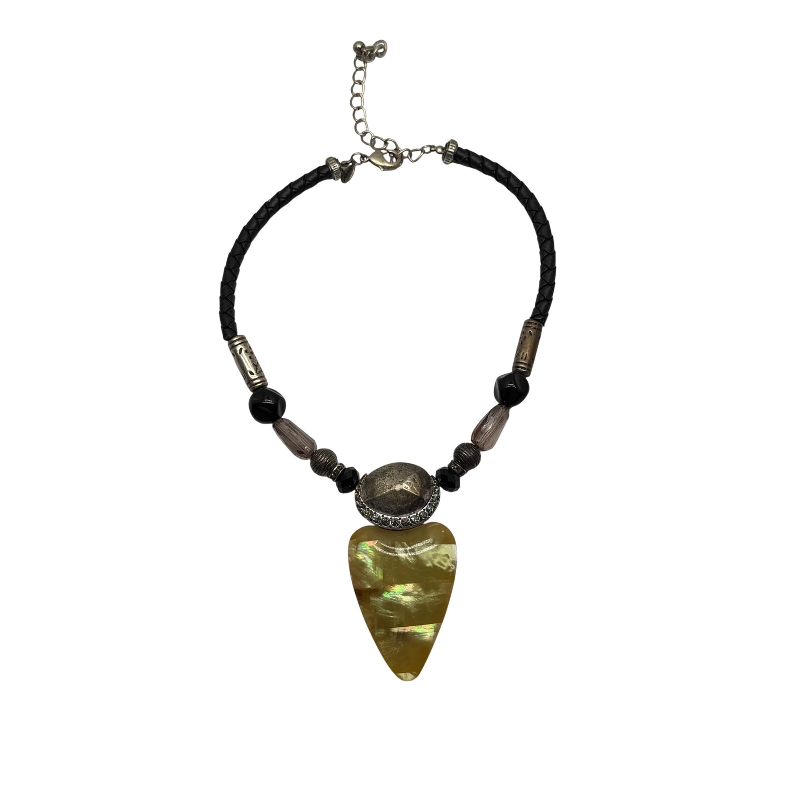 Chicos Statement Necklace Yellow Iridescent Pendant Braided Cord Mixed Media